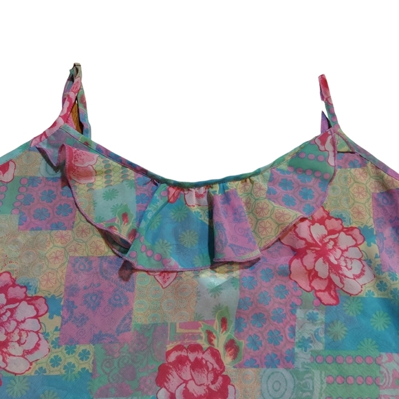 Vintage Y2K Natori Pastel Floral Patchwork Chiffon Ruffle Slip Dress - Picture 8 of 14